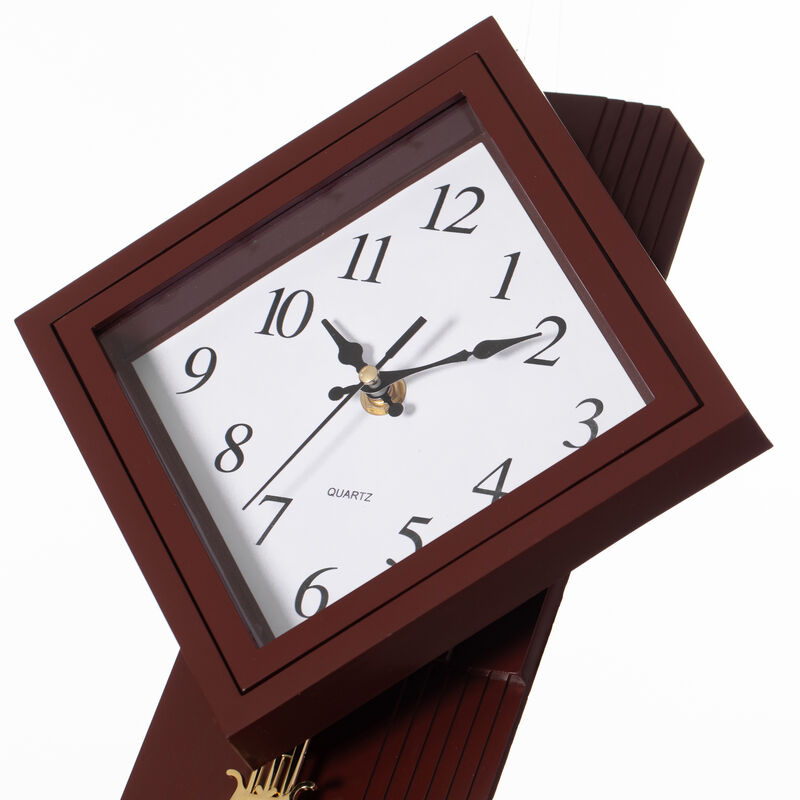 Wood-Look Pendulum Plastic Wall Clock, Farmhouse Decor for Living Room, Kitchen, or Dining Room, Silent Clock with Roman Numerals, Battery Powered, Large Decorative Wall Clock, Easy-to-Read, Brown