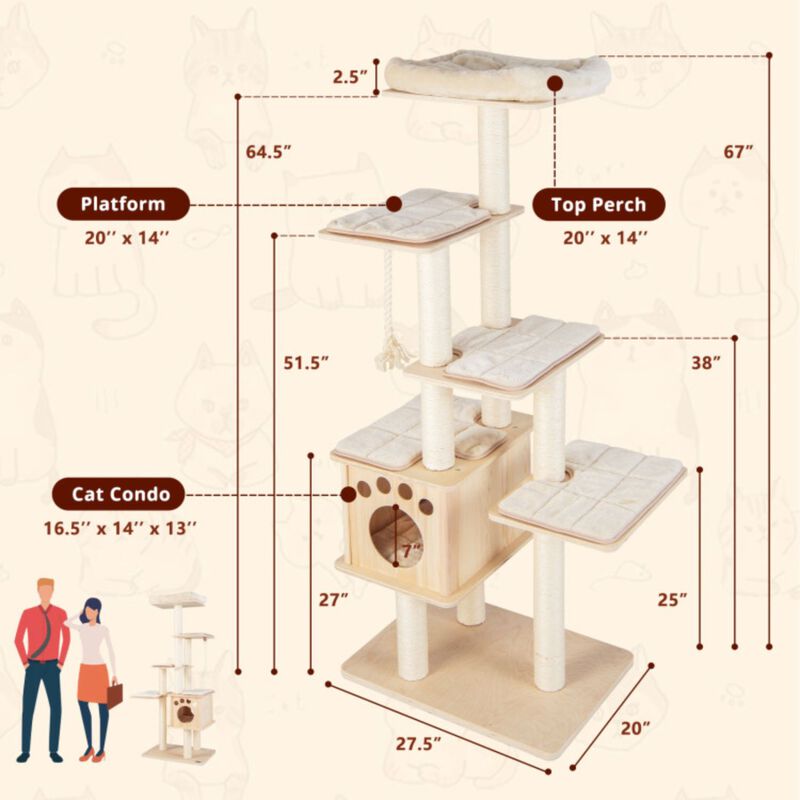 67 Inch Modern Cat Tree Tower with Top Perch and Sisal Rope Scratching Posts