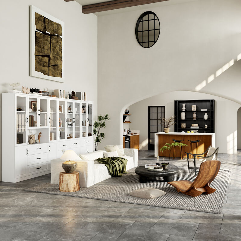 FUFU&GAGA 141.7" Modern Storage Cabinet with Glass Doors & Drawers, White MDF Wall Unit with 9 Glass Doors & 6 Drawers (141.7 in. W x 15.7 in. D x 78.7 in. H)