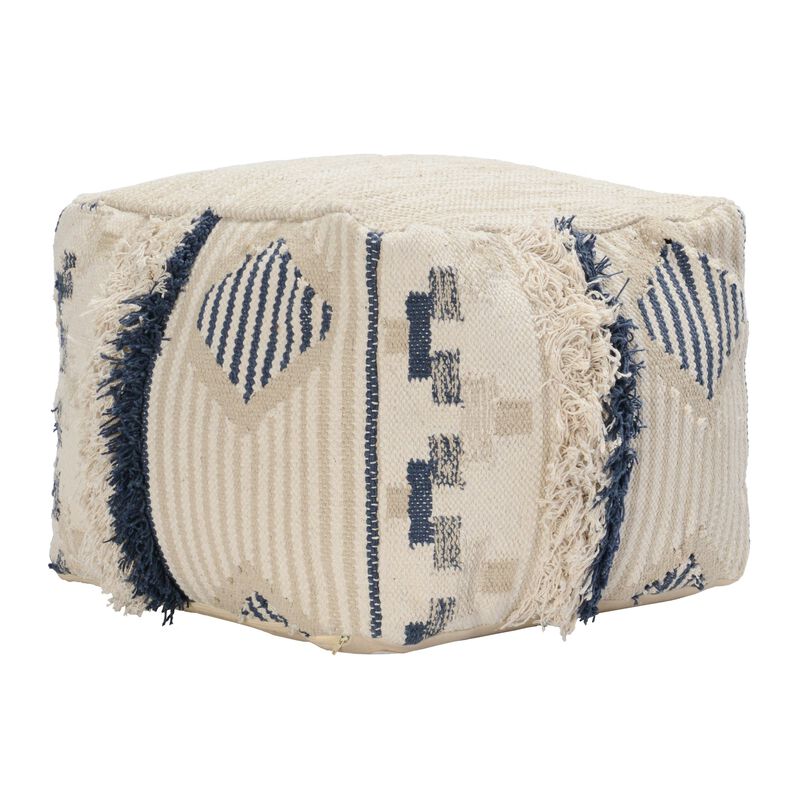 Fabric Pouf Ottoman with Woven Design and Fringe Details, Cream and Blue-Benzara