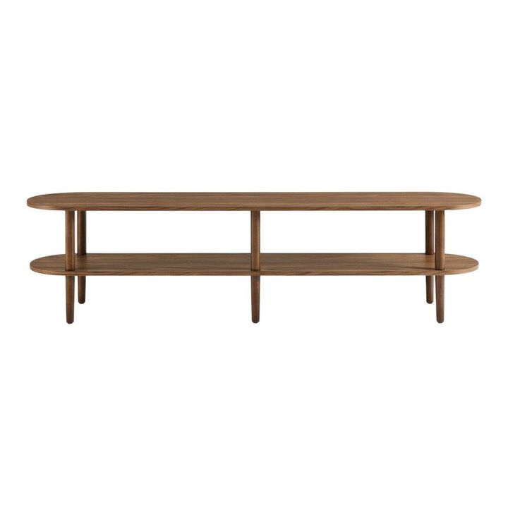 Brown wood TV stand with solid mango construction and oval design