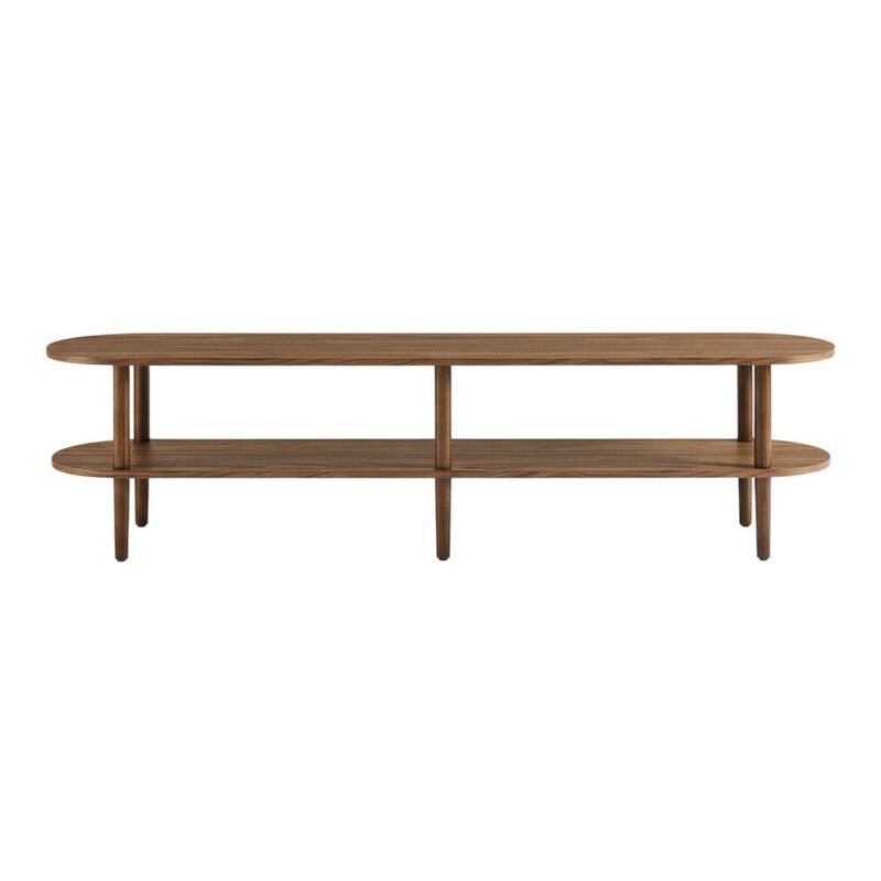 Brown wood TV stand with solid mango construction and oval design image number 1