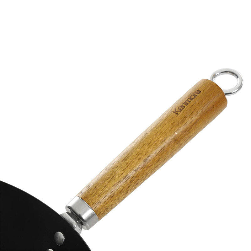 Kenmore Hammond 14 Inch Flat Bottom Carbon Steel Wok in Black with Wooden Handles