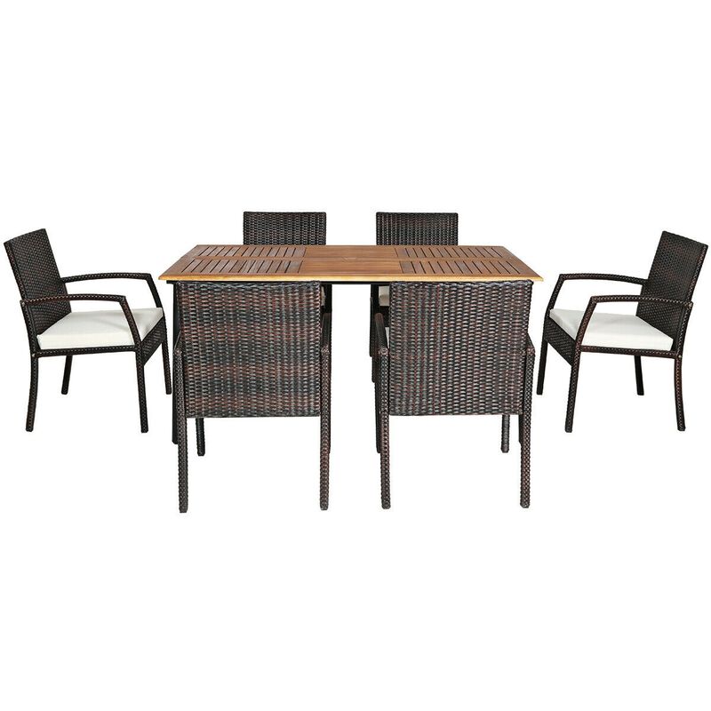 7Pcs Patio Rattan Cushioned Dining Set with Umbrella Hole image number 0