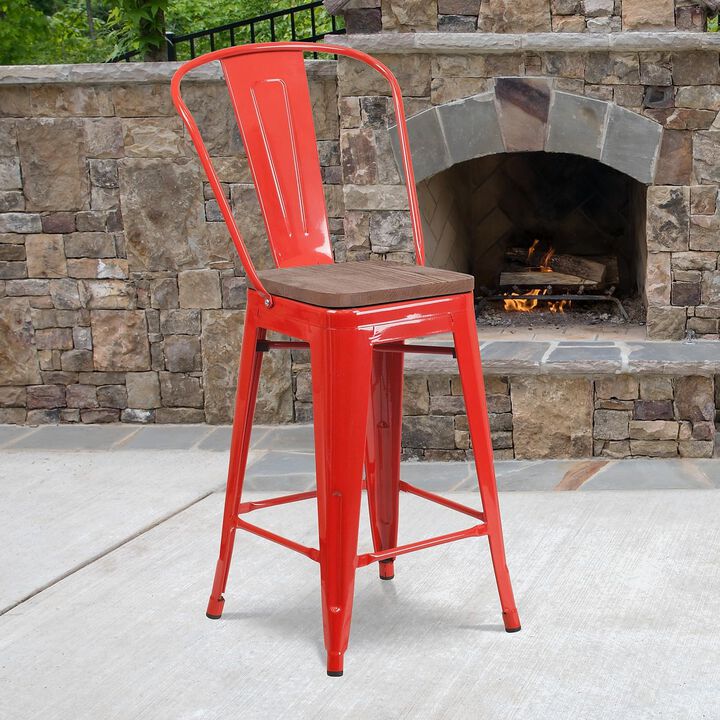 Flash Furniture Lily 24" High Red Metal Counter Height Stool with Back and Wood Seat
