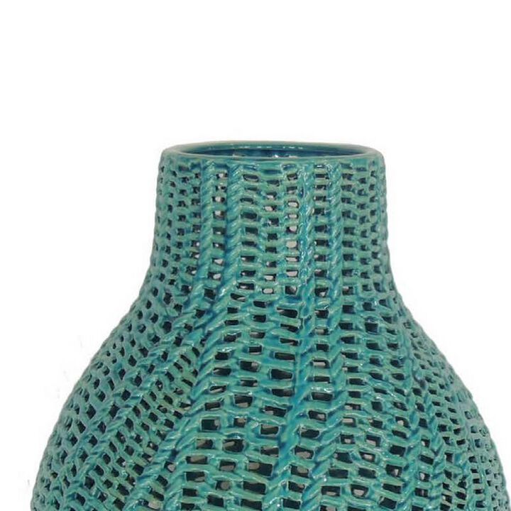 20 Inch Vase, Modern Ceramic Interlaced Woven Design, Curved, Teal Blue - Benzara
