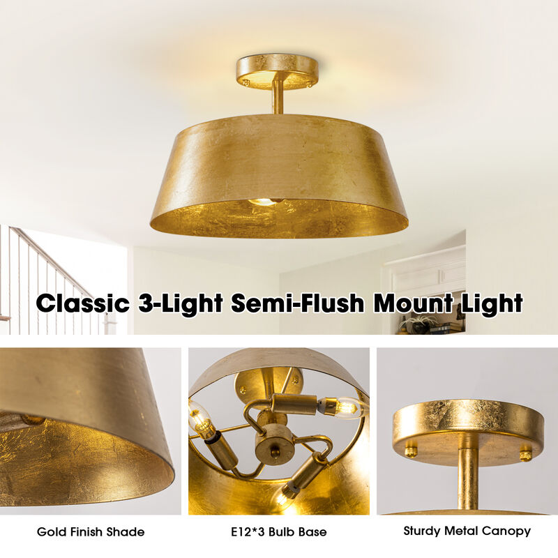 3-Light Modern Vintage Dimmable Gold Urban Drum Semi Flush Ceiling Light