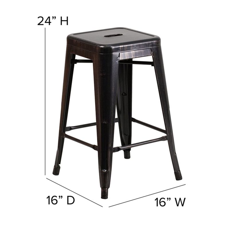 Flash Furniture Kai Commercial Grade 24" High Backless Black-Antique Gold Metal Indoor-Outdoor Counter Height Stool with Square Seat
