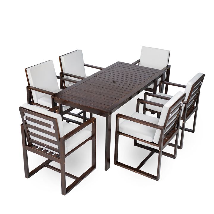 Mondawe Outdoor Patio 7-Pcs Acacia Wood Dining Set,Table With Umbrella Hole & Cushioned Chairs