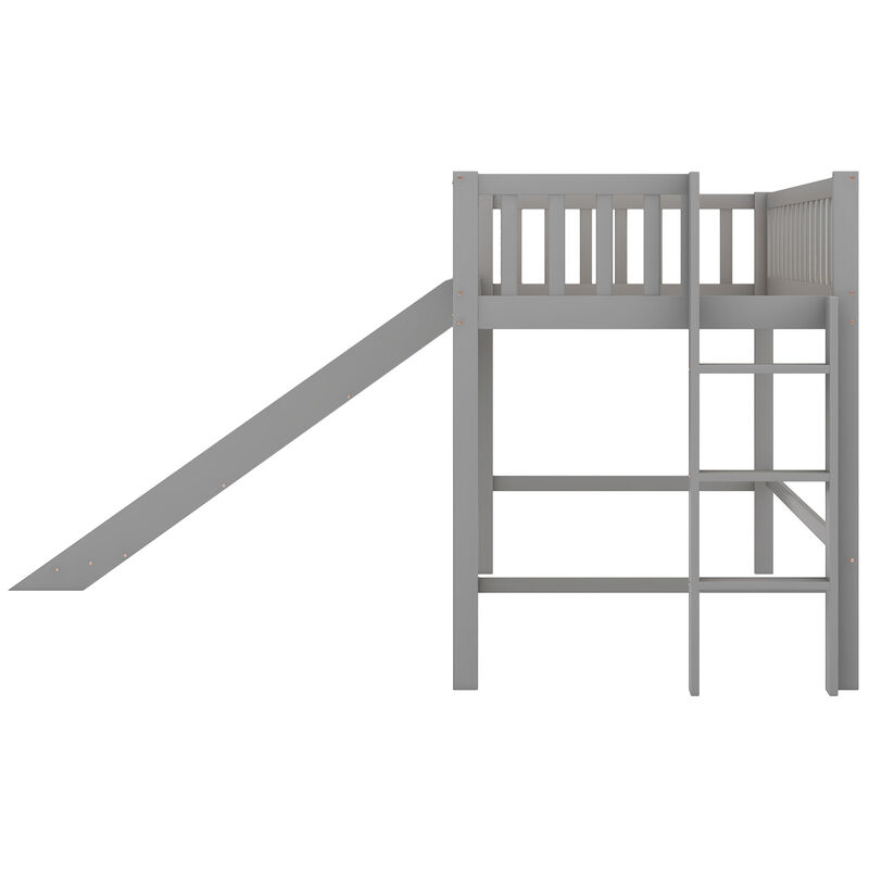 Whisen Twin Size Wood Low Loft Bed with Ladder and Slide - Gray