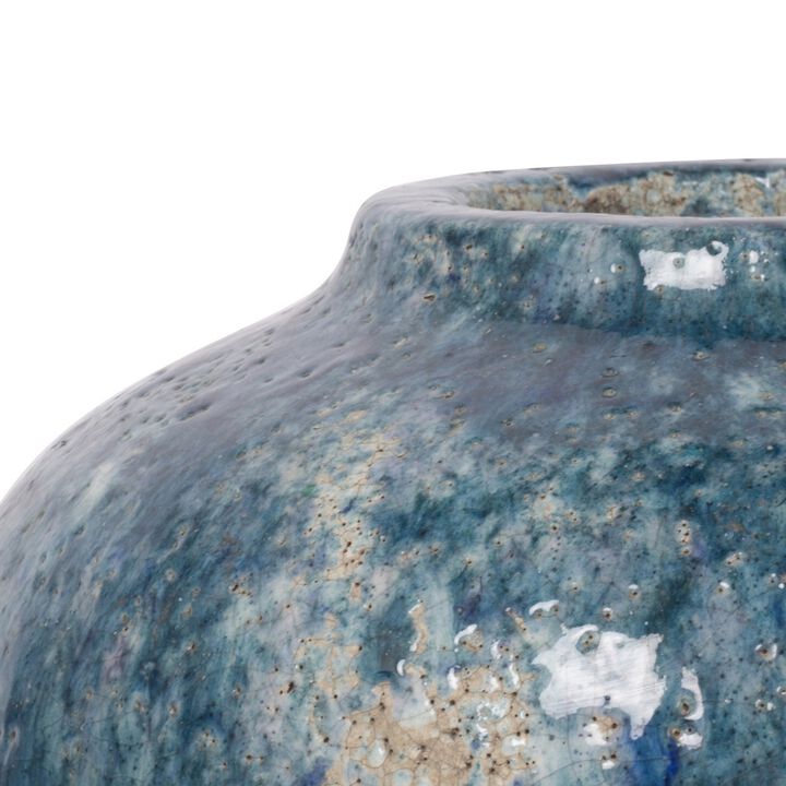 10 Inch Small Round Terracotta Vase, Subtly Curved, Textured Blue Finish-Benzara