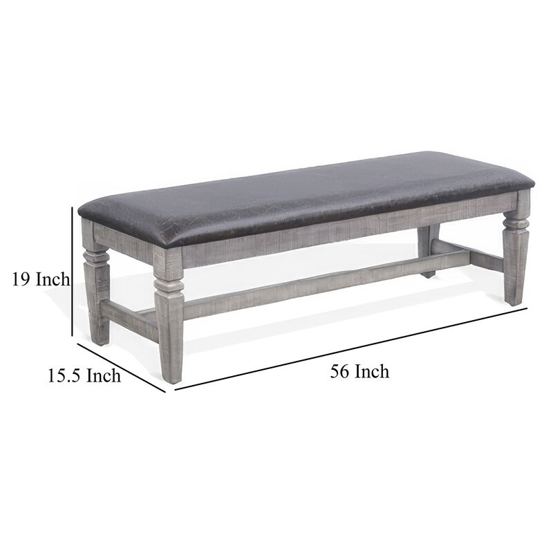 Camie Dining Bench, 56 Inch Faux Leather Seat, Gray Mahogany Wood - Benzara