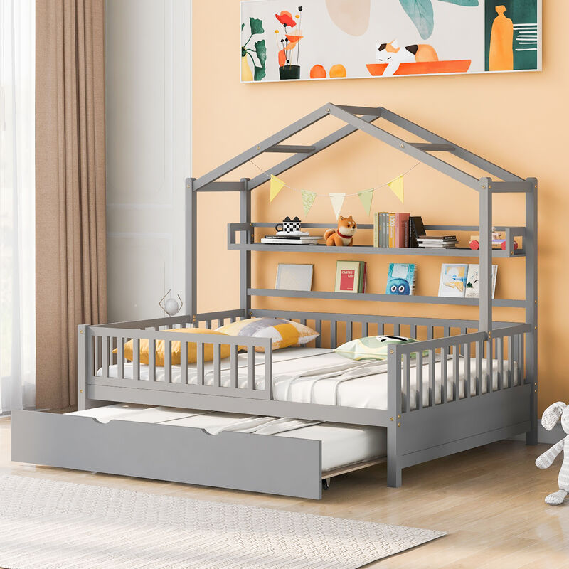 Streamdale Wooden Full Size House Bed With Twin Size Trundle, Kids Bed With Shelf