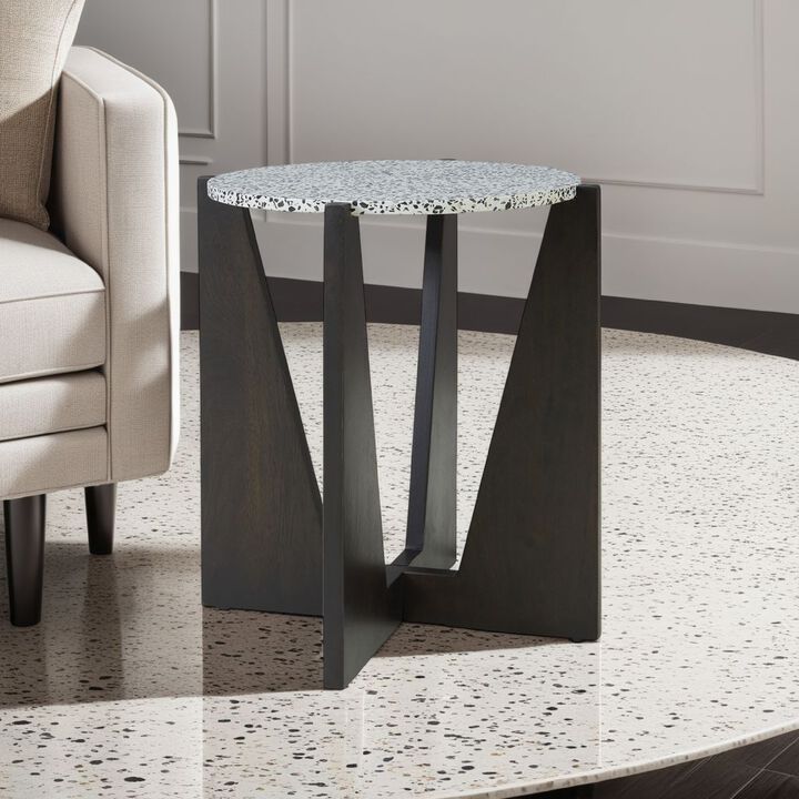 Accent Table, Round Terrazzo Tabletop, 25 Inch, Dark Brown Mango Wood