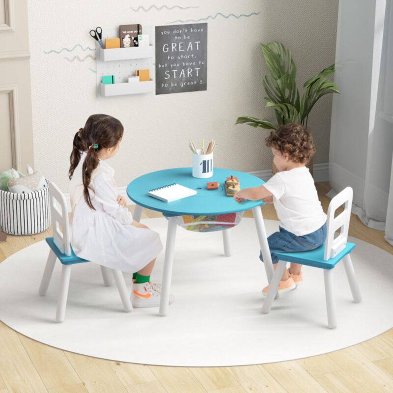 Wood Activity Kids Table and Chair Set with Center Mesh Storage for Snack Time and Homework