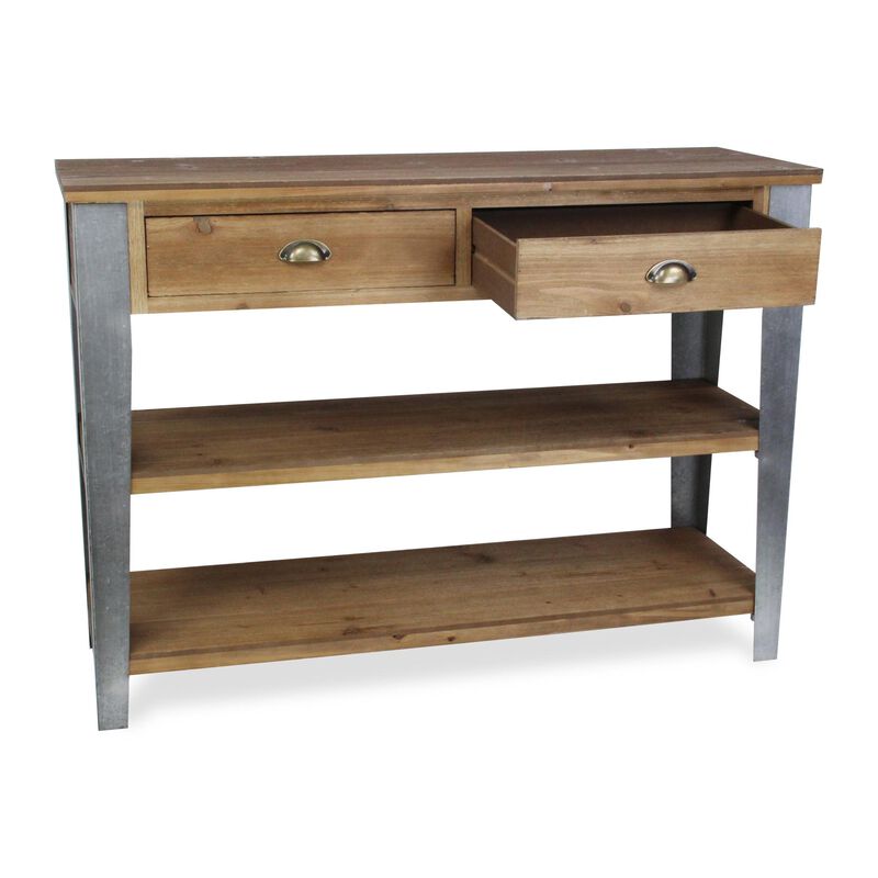 HomeRoots 48" Natural and Gray Wood Console Table With Two Shelves And Two Drawers image number 3