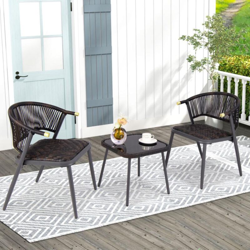 Hivvago 3 Pieces Patio Rattan Furniture Set with Tempered Glass Tabletop for Backyard Poolside