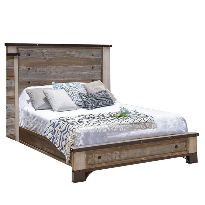 Fena King Size Bed, Round Black Nailheads, Distressed Wood Multicolor Brown - Benzara
