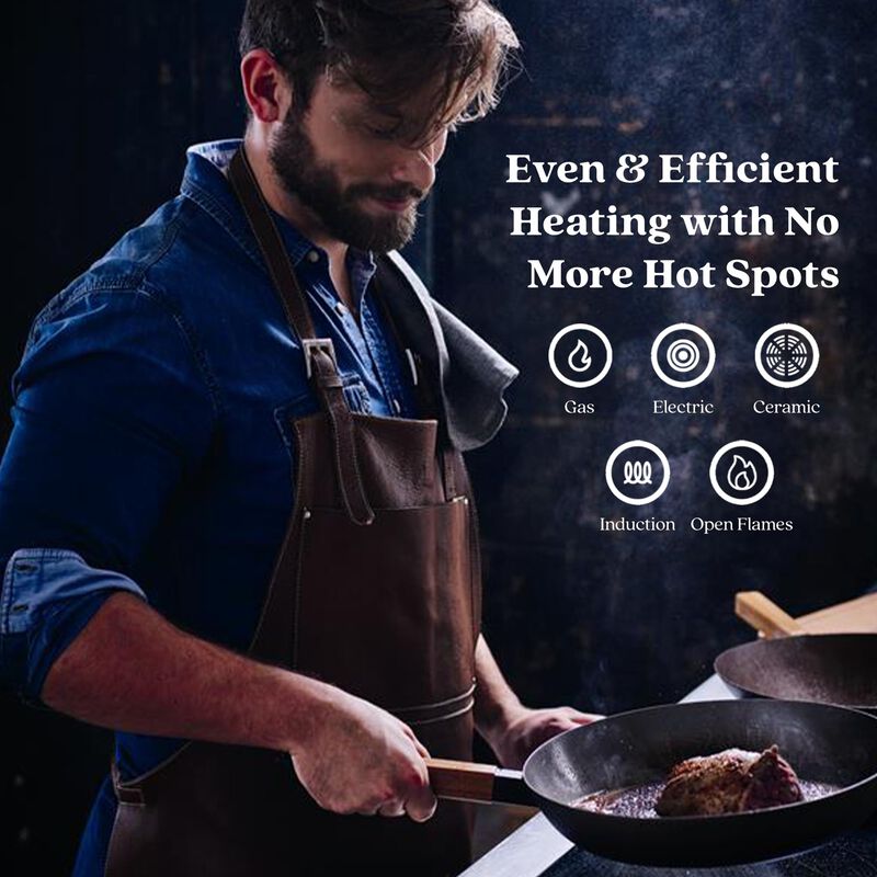 Alva Forest Carbon Steel Pan Pre-Seasoned with Natural Mineral Oil, Acacia Wood Stay Cool Handle Nonstick Frying Pan for Searing Steak, Non Toxic, Compatible with All Stovetops and Induction Safe