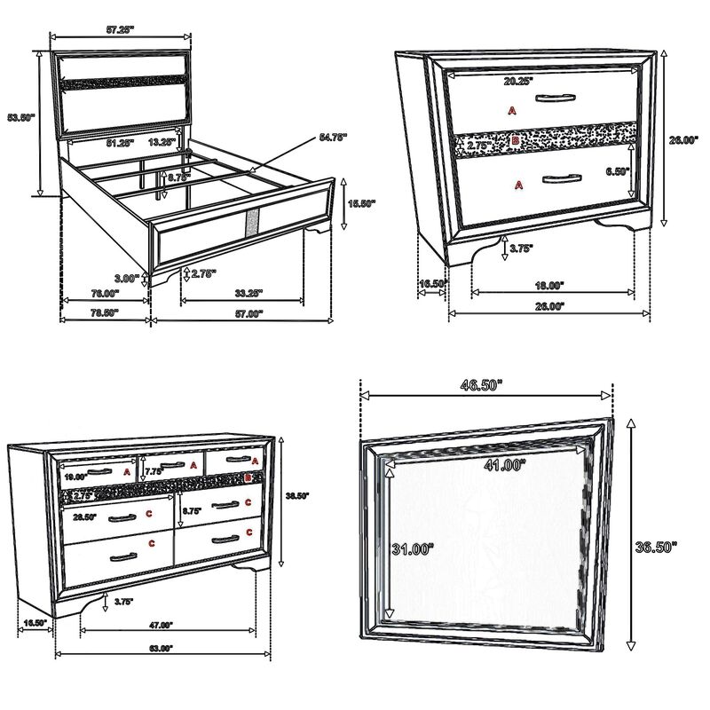 Vino 4pc Twin Bedroom Set, White Upholstery, Glitter Striped Dresser image number 5