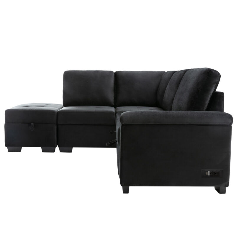 Sleeper Sectional Sofa, L-Shaped Corner Couch Sofa-Bed with Storage Ottoman & Hidden Arm Storage & USB Charge for Living Room Apartment, Black