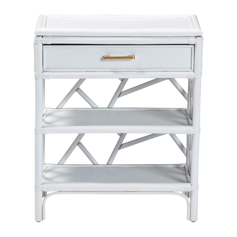 bali & pari Daina Natural Rattan Nightstand with Drawer and Open Shelves– Coastal Bedside Table with Geometric Design, White