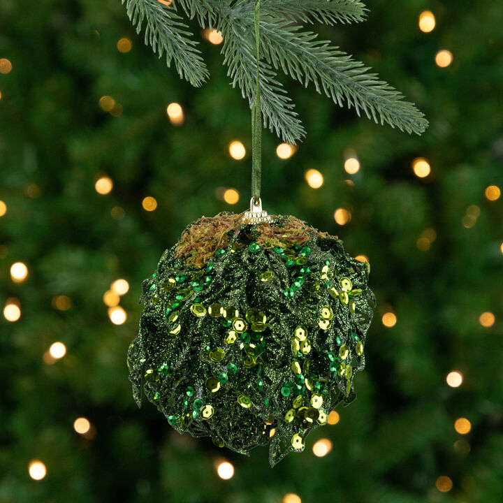 4" Green Glitter and Sequin Leaf Shatterproof Christmas Ball Ornament