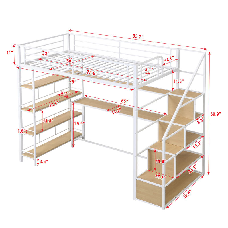 Whisen Twin Size Metal Loft bed with Staircase and Built-in Desk and Storage Shelves - White