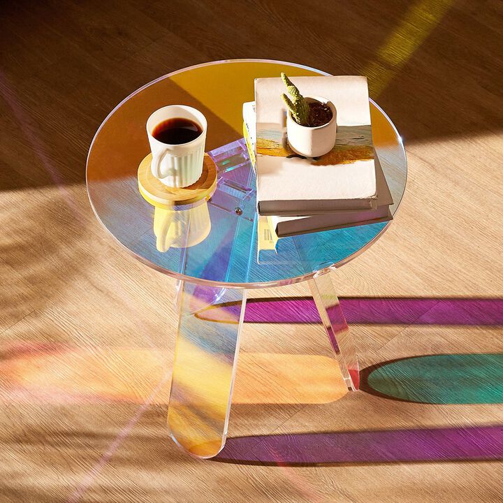 Round Acrylic Side Table, Clear Iridescent End Table for Living Room