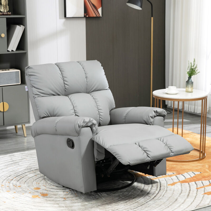 HOMCOM Rocker Recliner Chair with Overstuffed Back and Seat, Faux Leather Manual Reclining Chair with Footrest and 360 Swivel Rotation Base for Living Room, Gray