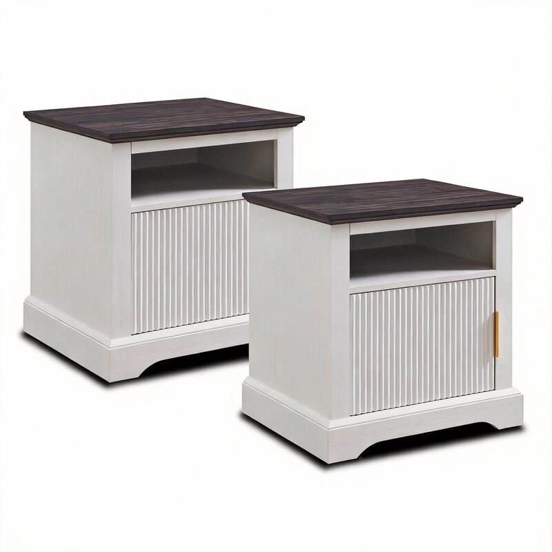 Fluted Wood Nightstand with USB & AC Charging, 22" Wide Side Table, Open Shelf