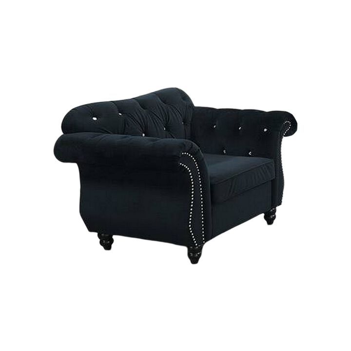 Rima 51 Inch Classic Accent Chair, Velvet Upholstery, Rolled Arms, Black-Benzara