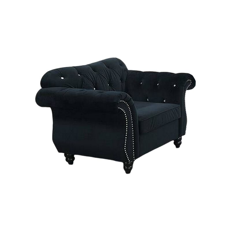 Rima 51 Inch Classic Accent Chair, Velvet Upholstery, Rolled Arms, Black