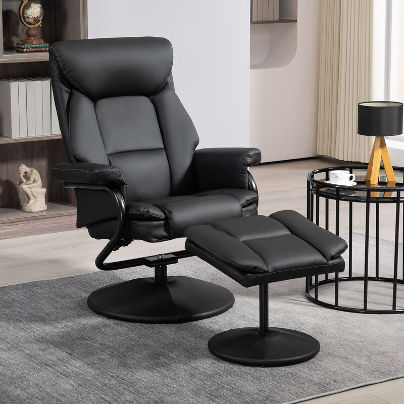 HOMCOM Recliner Chair with Ottoman Footrest, 360° Swivel Reclining Chair, Faux Leather Living Room Chair with Adjustable Backrest and Wrapped Base, Black
