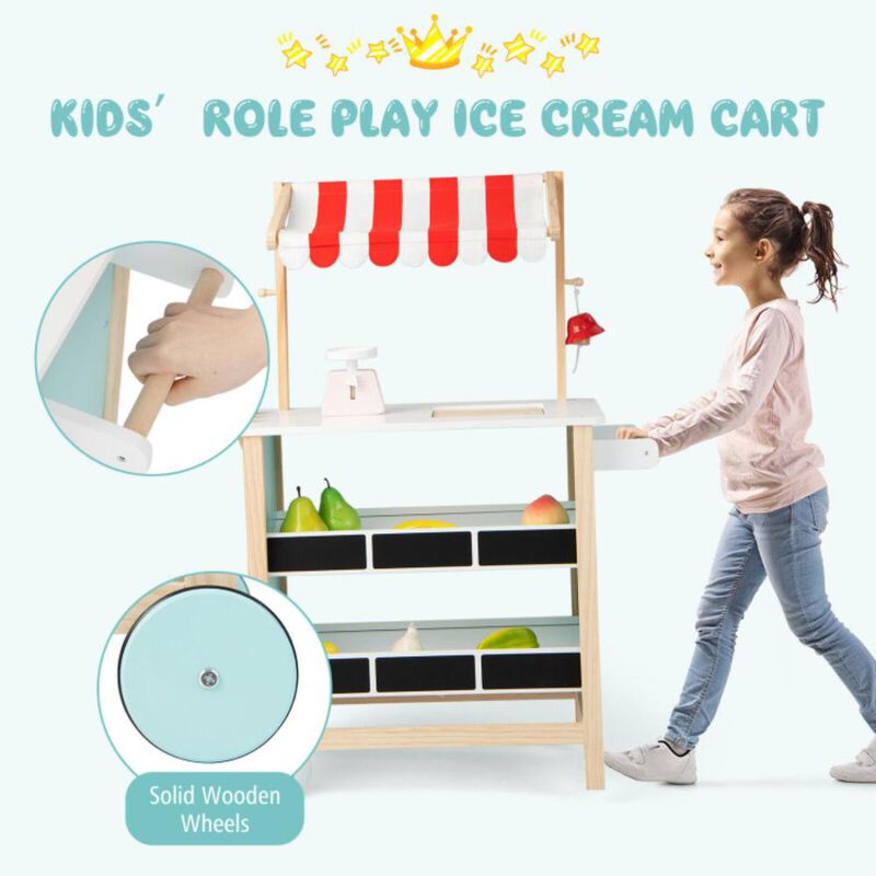 Hivvago Kids Wooden Ice Cream Cart with Chalkboard and Storage