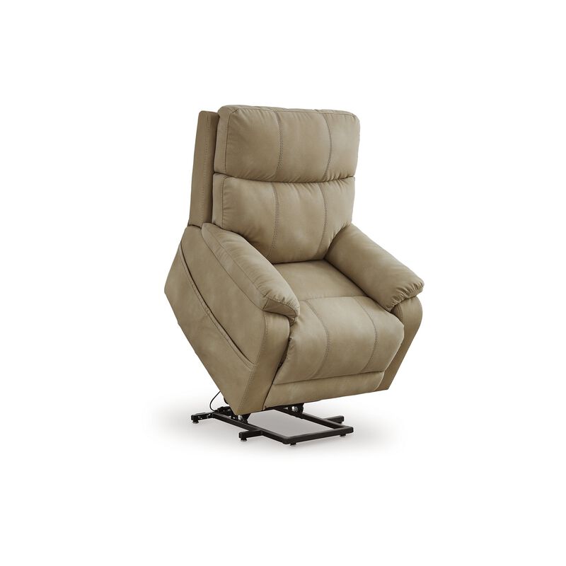 Corbin Power Lift Recliner Chair, Sand Faux Leather, Pillow Top Arms - Benzara