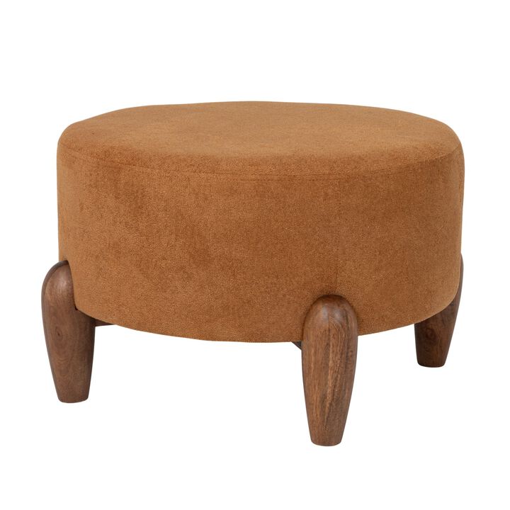 Terracotta Boucle Upholstered Ottoman with Tapered Mango Wood Legs