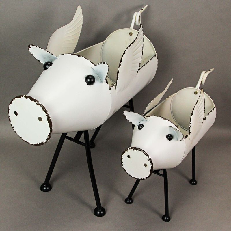 Rustic White Painted Galvanized Metal Flying Pig Standing Planters Set of 2 image number 4