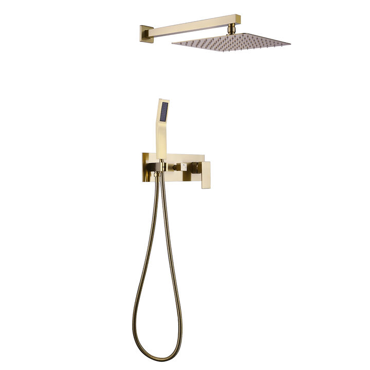 Modern Brushed Gold Square Dual Function Wall Mount Bathroom Shower Set