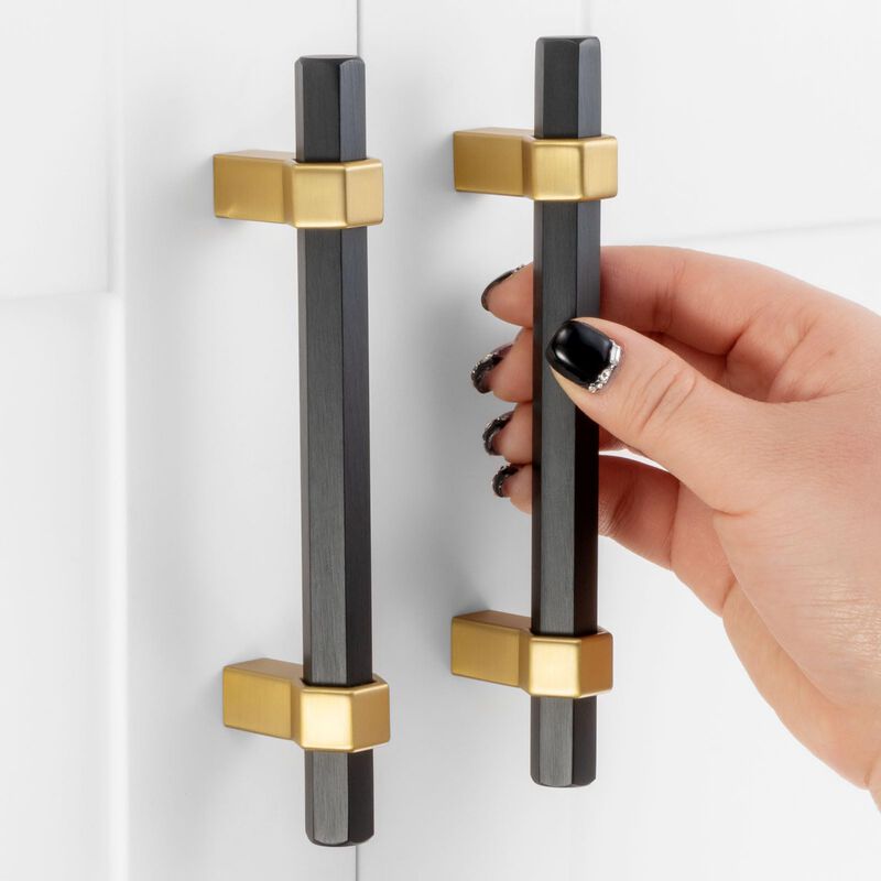 ASKANO Black and Gold Cabinet Pulls, 3-3/4 Inch Hole Centers, Hexagon Bar Kitchen Cabinet Handles AP1310 | Pack of 10, Solid Har