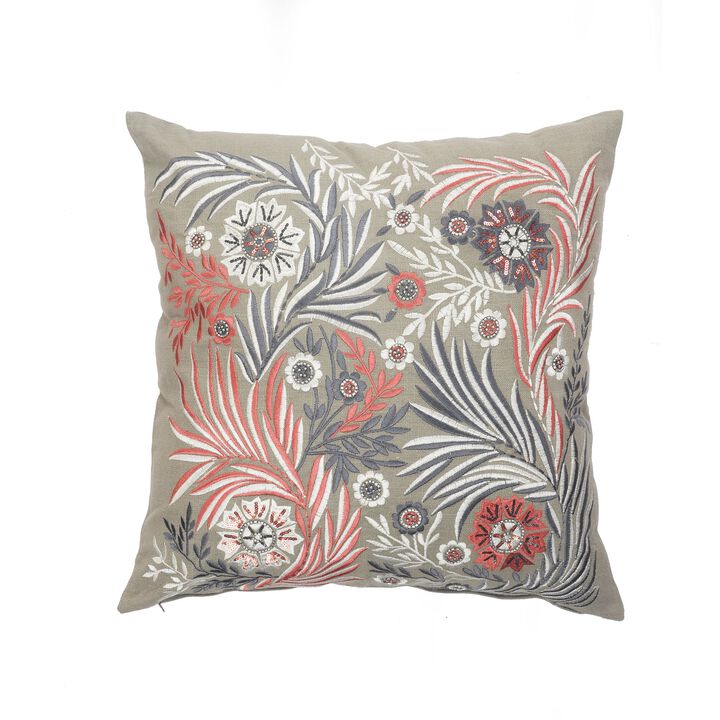 20" Gray and Red Floral Garden Square Throw Pillow