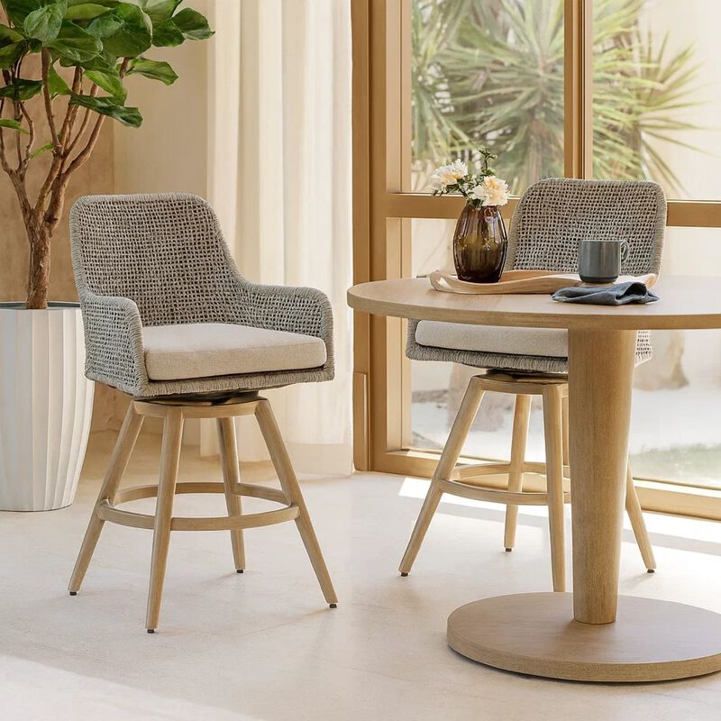 Yami Swivel Barstool Set of 2, Gray Cushions and Wicker Woven Back image number 6