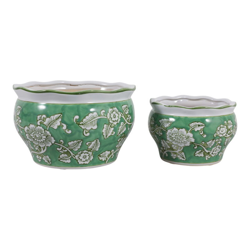 Cer, S/2 6/8" Round Chinoisere Planters, Green image number 2