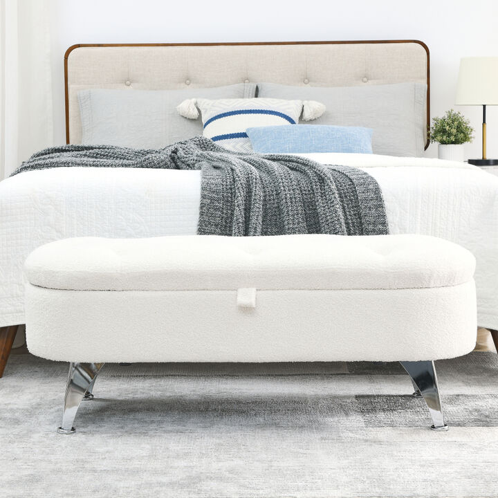 Length 45.5 inches Storage Ottoman Bench Upholstered Fabric Storage Bench End of Bed Stool with Safety Hinge for Bedroom, Living Room, Entryway, Teddy White (Ivory)