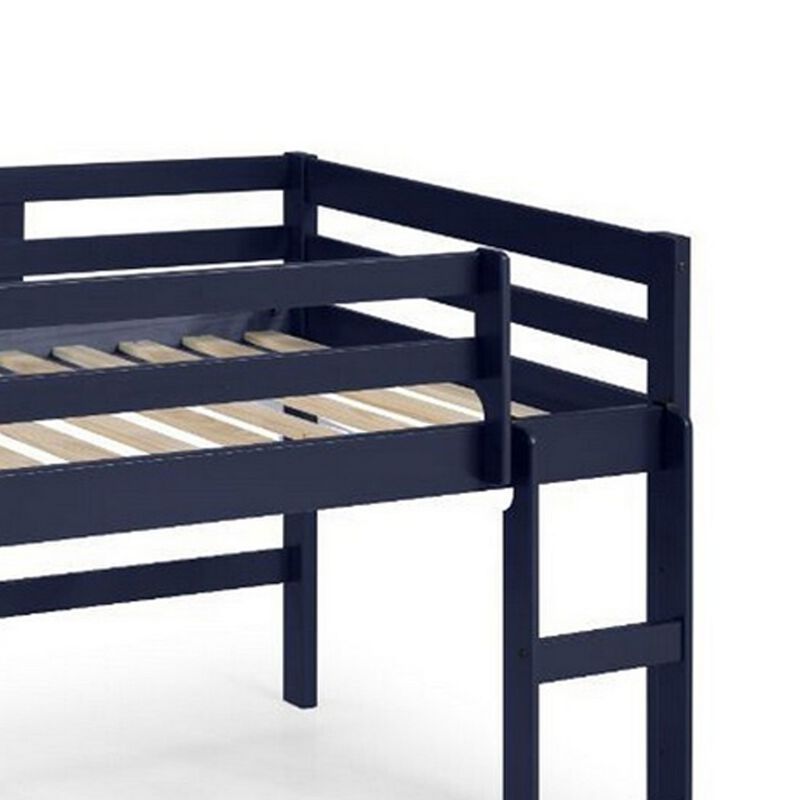 Twin Loft Bed with Wooden Frame and Reversible Ladder, Blue-Benzara