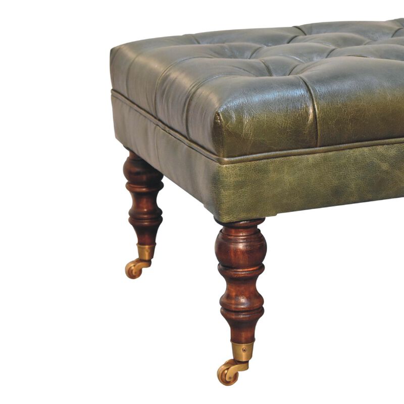 Artisan Furniture  Solid Wood Buffalo Green Leather Ottoman with Castor Legs