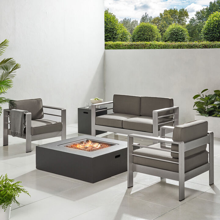Christopher Knight Home Carly Outdoor Aluminum 4 Seater Chat Set with Fire Pit