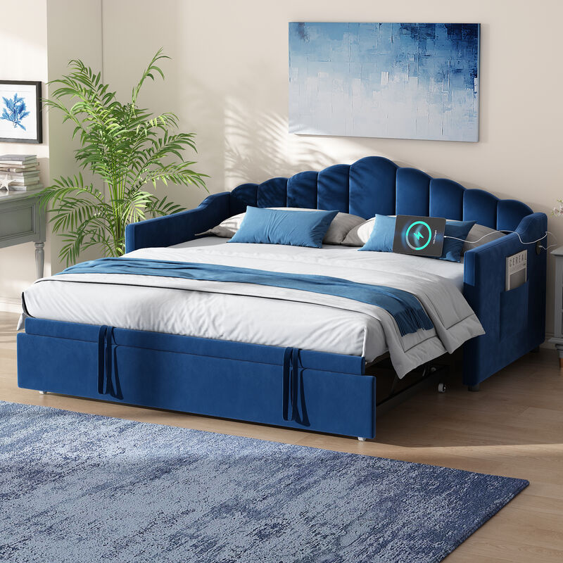 Merax Velvet Upholstered Twin Daybed with Height Adjustable Pop-Up Trundle image number 1