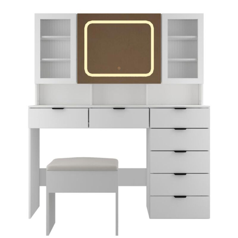 Large Vanity Table Set with LED Lighted Mirror &ndash; Elegant Makeup Desk with Ample Storage and Cushioned Stool