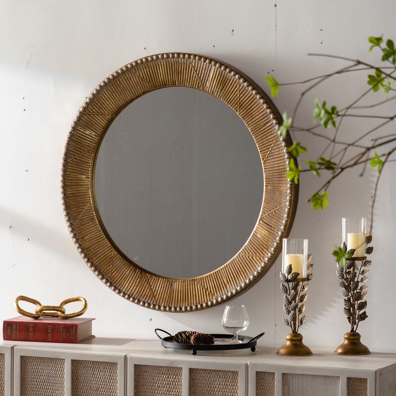 31.3"Gold Textured Round Wall Mirror-Decorative Mirror, Boho Accent Mirror image number 2